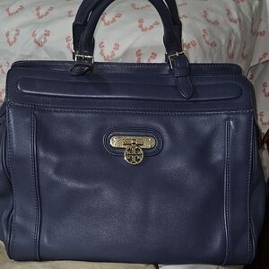 Navy Leather Tory Handbag with Gold Accents